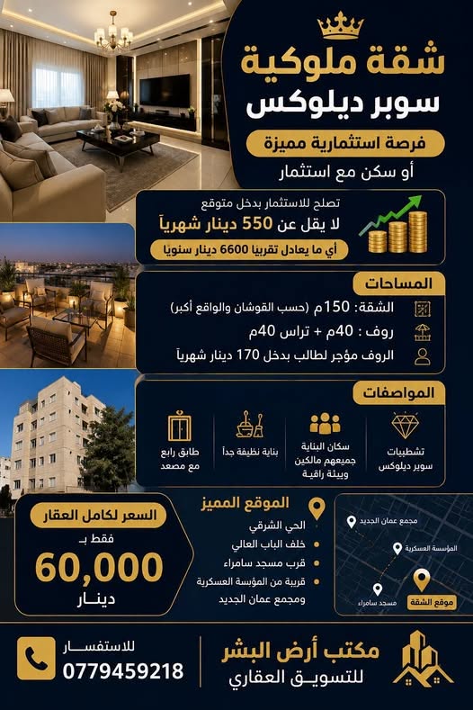 شقة مع روف وساحات مطلة للبيع في الحي الشرقي - إربد