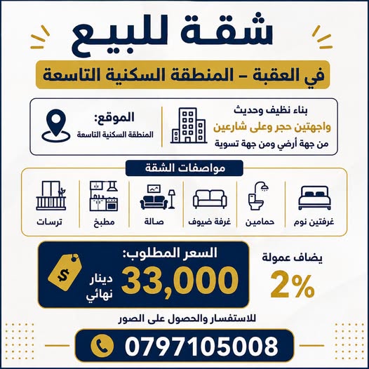 شقة فاخرة للبيع في العقبة بموقع مميز