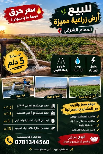 أرض زراعية مميزة للبيع في الحمام الشرقي - 2