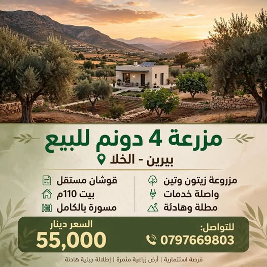 مزرعة 4 دونم للبيع في بيرين / الخلة بسعر 55 ألف