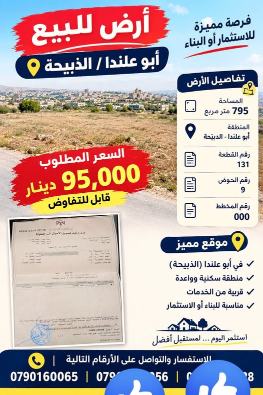 أرض للبيع في أبو علندا مساحة 795م بسعر مميز