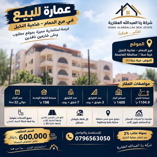 عمارة استثمارية للبيع في ضاحية النخيل - 7 شقق وروف