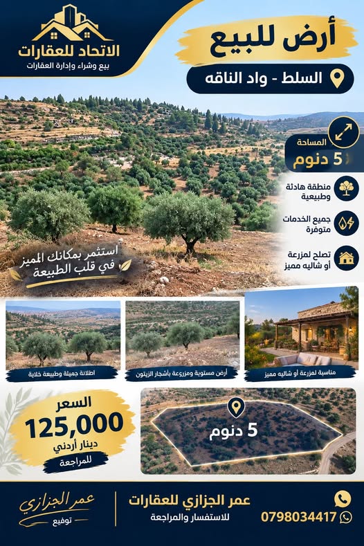 أرض استثمارية مميزة للبيع في السلط - وادي الناقة